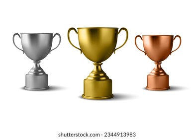 Realistic Vector 3d Blank Golden, Silver, Bronze Champion Cup Icon Set Closeup Isolated on White. Design Template of Championship Trophy. Sport Tournament Award, Winner Cup and Victory Concept