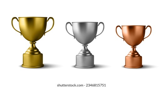 Realistic Vector 3d Blank Golden, Silver, Bronze Champion Cup Icon Set Closeup Isolated on White. Design Template of Championship Trophy. Sport Tournament Award, Winner Cup and Victory Concept