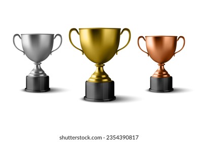 Realistic Vector 3d Blank Golden, Silver, Bronze Champion Cup Icon Set Closeup Isolated on White. Design Template of Championship Trophy. Sport Tournament Award, Winner Cup and Victory Concept