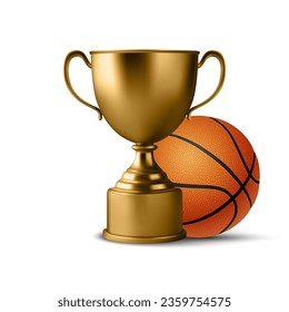 Realistic Vector 3d Blank Golden Champion Cup Icon wirh Basketball Set Closeup Isolated on White. Design Template of Championship Trophy. Sport Tournament Award, Gold Winner Cup and Victory Concept