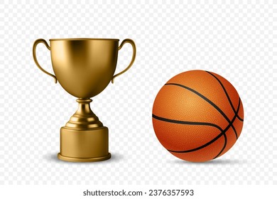 Realistic Vector 3d Blank Golden Champion Cup Icon with Basketball Set Closeup Isolated. Design Template of Championship Trophy. Sport Tournament Award, Gold Winner Cup and Victory Concept
