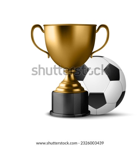 Realistic Vector 3d Blank Golden Champion Cup Icon with Soccer Ball Set Closeup Isolated on White. Design Template of Championship Trophy. Sport Tournament Award, Gold Winner Cup and Victory Concept