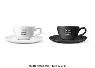 Realistic Vector 3d Blank White and Black Coffee Tea Cup, Mug Icon Closeup Isolated on White Background. Design Template of Porcelain Cup or Mug and Saucer Plate for Branding, Mockup. Front view