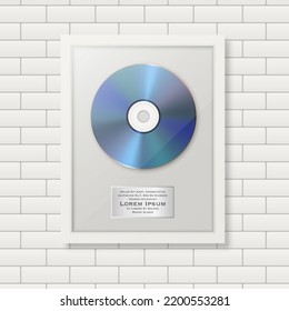 Realistic Vector 3d Blue CD and Label with White Frame on Brick Wall Background. Single Album Compact Disc Award, Limited Edition. Design Template