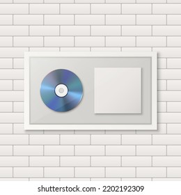 Realistic Vector 3d Blue CD, Packaging, Cover with White Frame on White Brick Wall Background. Single Album Compact Disc Award, Limited Edition. Design Template