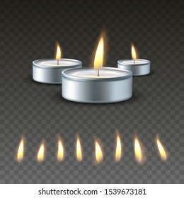 Realistic vector 3d burning tea candle on a dark background.  Set of different types of flame.