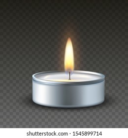 Realistic vector 3d burning tea candle on a dark background