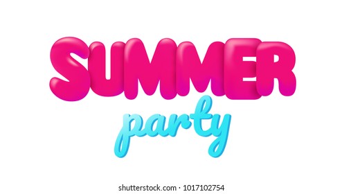 Realistic vector 3d celebration festive decoration summer party inscription lettering template. Birthday party mesh isolated background Holiday anniversary illustration Invitation card design