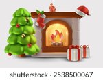 Realistic vector 3d christmas or new year composition isolated on white background. Bright burning fireplace with xmas tree and festive elements. Modern cute child illustration.