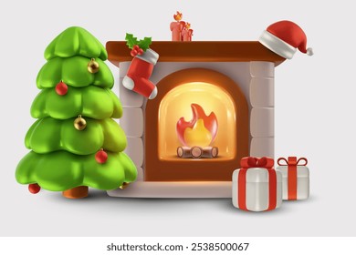 Realistic vector 3d christmas or new year composition isolated on white background. Bright burning fireplace with xmas tree and festive elements. Modern cute child illustration.