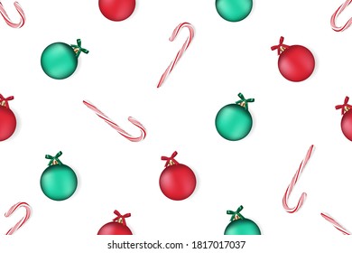 Realistic vector 3d Christmas pattern with candy cane sticks and baubles in green and red isolated on white background.