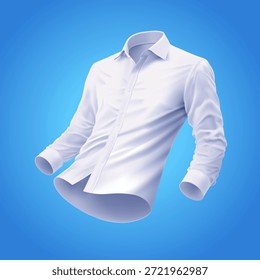 Realistic vector 3D of a crisp white long sleeve dress shirt floating against on blue background. Perfect for apparel design, fashion branding and advertising use and corporate uniform mockups.