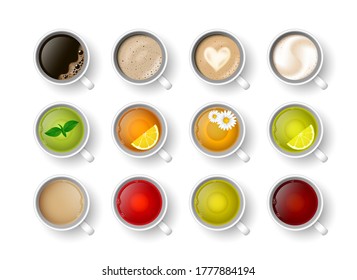 Realistic vector 3d cup of hot beverage set. Teacup with green, black lemon tea , mint, herbal chamomile tea, rooibos, Masala tea and coffee assortment cappuccino, latte, espresso, americano top view.