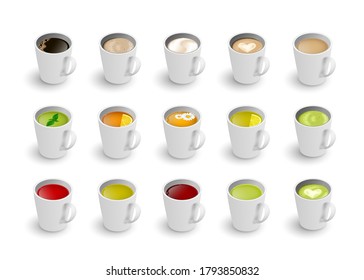 Realistic vector 3d cup of hot beverage set. Isometric green, black lemon tea , mint, herbal chamomile tea, Masala tea, rooibos, matcha and coffee assortment cappuccino, latte, espresso, americano.