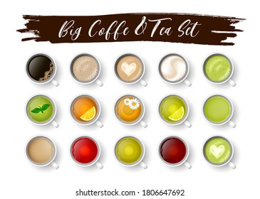 Realistic vector 3d cup of hot beverage set. 3d green, black lemon tea , mint, herbal chamomile tea, Masala tea, rooibos, matcha and coffee assortment cappuccino, latte, espresso, americano top view.