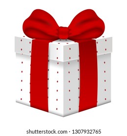 Realistic Vector 3d Gift Box with Red Bow isolated on white background. Element for Various Holiday Designs. Christmas, Valentine's day, New Year, Celebrations, Birthdays.