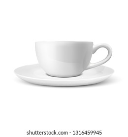 Realistic Vector 3d Glossy Blank White Coffee Tea Cup, Mug Icon Closeup Isolated on White Background. Design Template of Porcelain Cup or Mug and Saucer Plate for Branding, Mockup. Front view