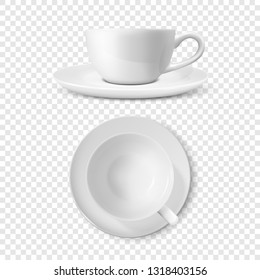 Realistic Vector 3d Glossy Blank White Coffee Tea Cup, Mug Set Closeup Isolated. Design Template of Porcelain Cup or Mug and Saucer Plate for Branding, Mockup. Front view and Top View