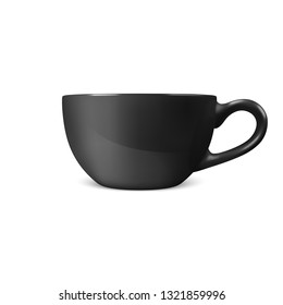 Realistic Vector 3d Glossy Blank Black Coffee Tea Cup, Mug Icon Closeup Isolated on White Background. Design Template of Porcelain Cup or Mug for Branding, Mockup. Front view