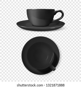 Realistic Vector 3d Glossy Blank Black Coffee Tea Cup, Mug Set Closeup Isolated. Design Template of Porcelain Cup or Mug and Saucer Plate for Branding, Mockup. Front view and Top View