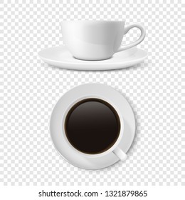 Realistic Vector 3d Glossy Blank White Coffee Cup or Mug Set with Americano or Espresso Closeup Isolated. Design Template of Coffee Mug or Cup and Saucer for Branding, Mockup. Front and Top View