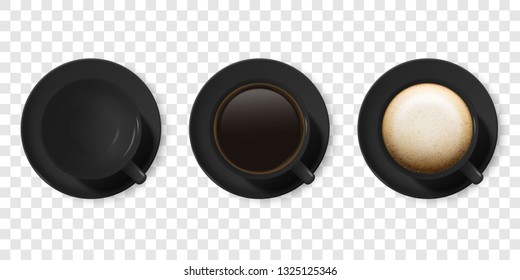 Realistic Vector 3d Glossy Blank Black Coffee Cup or Mug Icon Set with Americano, Espresso, Cappuccino Closeup Isolated. Design Template of Coffee Mug or Cup and Saucer Plate, Mockup. Top View