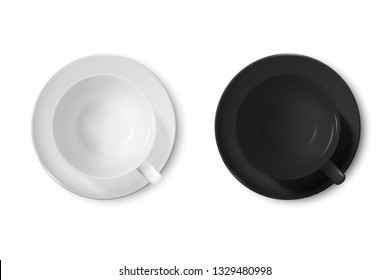 Realistic Vector 3d Glossy Blank White and Black Coffee Cup or Mug Icon Set Closeup Isolated on Transparent Background. Design Template of Coffee Mug or Cup and Saucer Plate, Mockup. Top View