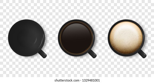 Vector realista 3d brillante en blanco negro taza de café o taza de icono con Americano, Espresso, Cappuccino Closeup aislado. Plantilla de diseño de taza de café o taza, maqueta. Vista superior