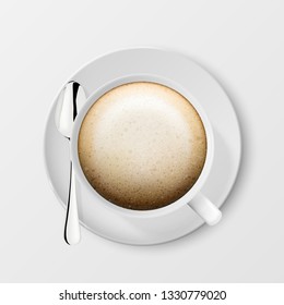 Realistic Vector 3d Glossy Blank White Coffee Cup or Mug with Cappuccino and Tea or Coffee Spoon Closeup Isolated on White Background.  
