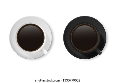 Realistic Vector 3d Glossy Blank White and Black Coffee Cup or Mug Icon Set with Americano, Espresso Closeup Isolated on White Background 