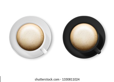 Realistic Vector 3d Glossy Blank White and Black Coffee Cup or Mug Icon Set with Cappuccino Closeup Isolated on White Background. Design Template of Coffee Mug or Cup, Mockup. Top View