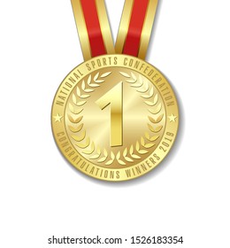 Realistic vector 3d gold award medal icon with color ribbons isolated on white background. The first place on sport tournament, victory concept vector prizes