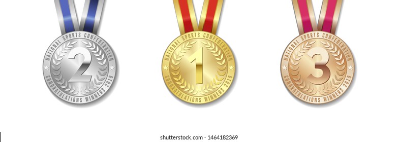 Realistic vector 3d gold, silver and bronze award medal icon set with color ribbons isolated on white background. The first, second, third place on sport tournament, victory concept vector prizes