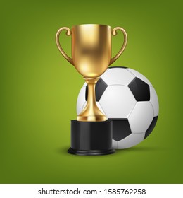 Realistic Vector 3d Golden Champion Cup, Soccer Ball Set Closeup on Green Background. Design Template of Championship Trophy. Sport Tournament Award, Gold Winner Cup, Victory Concept
