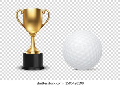 Realistic Vector 3d Golden Champion Cup Icon with Golf Ball Set Isolated on Transparent Background. Design Template of Championship Trophy. Sport Tournament Award, Gold Winner Cup and Victory Concept