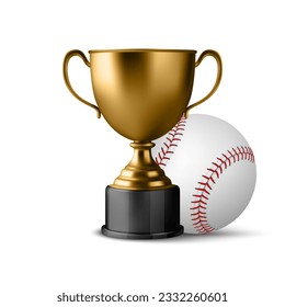 Realistic Vector 3d Golden Champion Cup Icon wirh Baseball Set Isolated. Design Template of Championship Trophy. Sport Tournament Award, Gold Winner Cup and Victory Concept