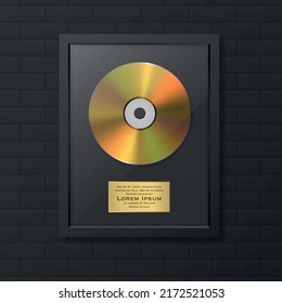 Realistic Vector 3d Golden Yellow CD and Label with Black Frame on Black Brick Wall. Single Album Compact Disc Award, Limited Edition. Design Template