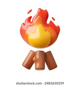 Realistic vector 3D illustration of a burning wood fire. Firewood with fire Ideal for chat, tourism and camping emoji, cartoon style and isolated background.