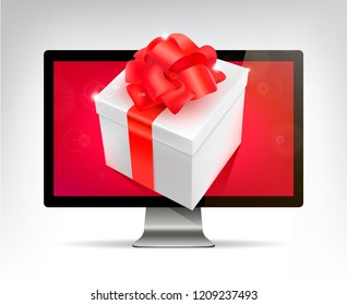 Realistic vector 3d illustration concept for gift delivery service, e-commerce, online shopping isolated. Gift and computer monitor