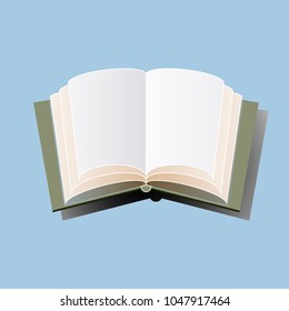 Realistic vector 3d illustration. Open book hardcover on a light blue background.
