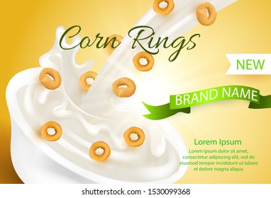 Realistic vector. 3d illustration with a splash milk and corn rings. Element for design packaging,advertising for sales fast breakfasts, healthy foods,template advertising