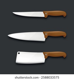 Realistic Vector 3d Kitchen Knives Set. Chef Knife, Cleaver, Utility Knife, Sharp Stainless Steel Blades with Wooden Handle. Cooking Tools, Professional Kitchen Utensils, Vector Illustration