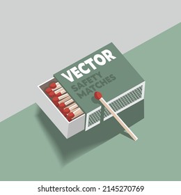 Realistic vector 3d open matchbox with brown and red head icon set