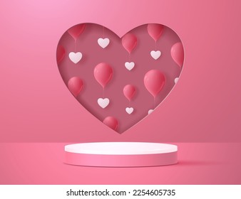 Realistic vector 3d podium with heart shape symbol background and balloons.