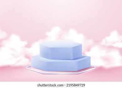 Realistic vector 3d podium product in pastel color surrounded by white clouds
