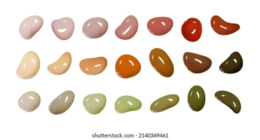 Realistic vector 3D shapes isolated on white background. Set of glossy multicolored drops of paint or varnish