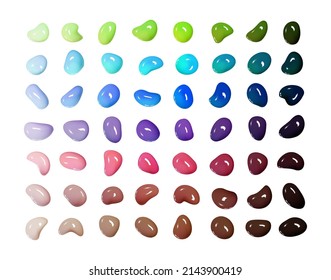 Realistic vector 3D shapes isolated on white background.Mega Set of glossy multicolored drops of paint or varnish