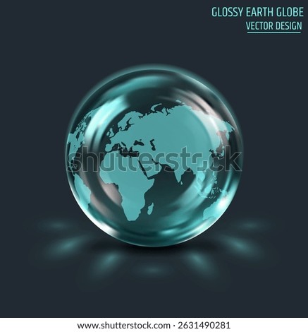 Realistic Vector 3D transparent glossy glass Earth globe with shine and soft reflections, illustration,world,sphere, modern, elegant style. Earth, globe, 3D, glass, vector, world, glossy, transparent