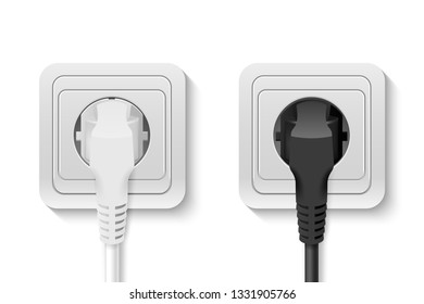 Realistic Vector 3d White and Black Plug Inserted in a Wall Socket Set Closeup Isolated on White. Design Template of Plug into the Power Lines, Electric Cord. Device for Connecting Electricity