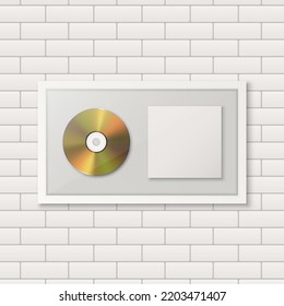 Realistic Vector 3d Yellow Golden CD, Packaging, Cover with White Frame on White Brick Wall Background. Single Album Compact Disc Award, Limited Edition. Design Template